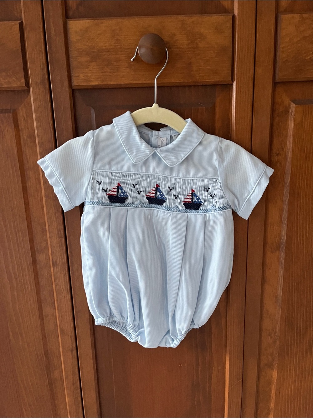 Carriage Boutique Light Blue Smocked Collar Dress with Nautical Embroidery